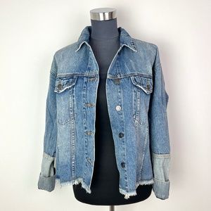 Mustard Seed Women's Blue Two-tone Wash Frayed Hem Cropped Denim Jacket Size S